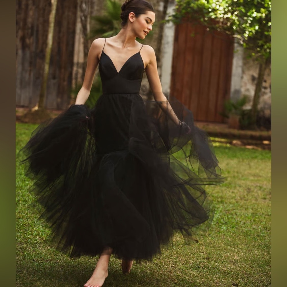 NWT Hutch Anthropologie Lucia V-Neck Tulle Maxi Black Dress Size 6 - Picture 3 of 15